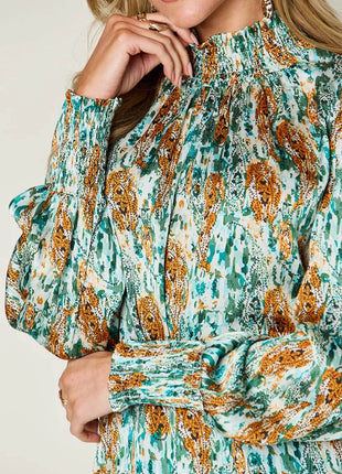 Double Take Full Size Printed Smocked Long Sleeve Blouse - MimiStylez