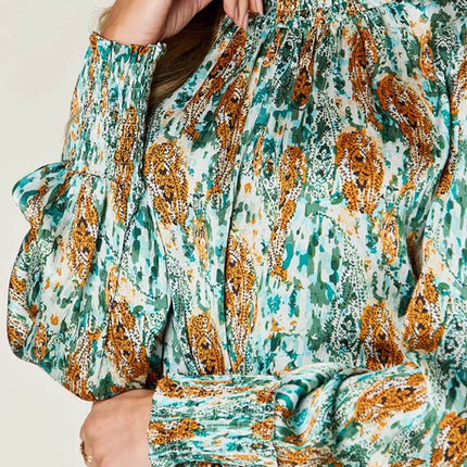 Double Take Full Size Printed Smocked Long Sleeve Blouse - MimiStylez