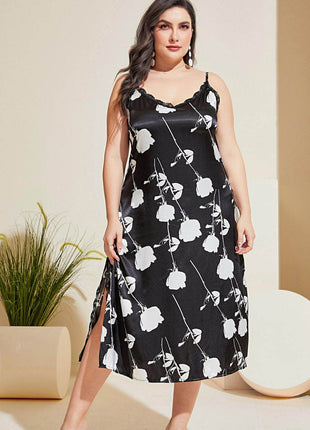 Plus Size Floral Lace Trim Side Slit Night Dress - MimiStylez