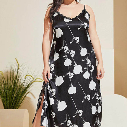 Plus Size Floral Lace Trim Side Slit Night Dress - MimiStylez