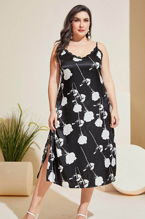 Plus Size Floral Lace Trim Side Slit Night Dress - MimiStylez
