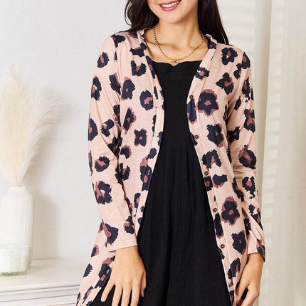 Double Take Printed Button Front Longline Cardigan - MimiStylez