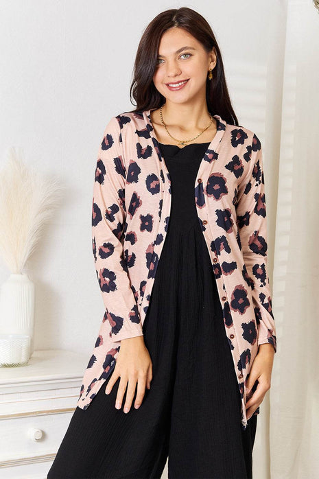 Double Take Printed Button Front Longline Cardigan - MimiStylez