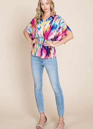 BOMBOM Printed Surplice Peplum Blouse - MimiStylez