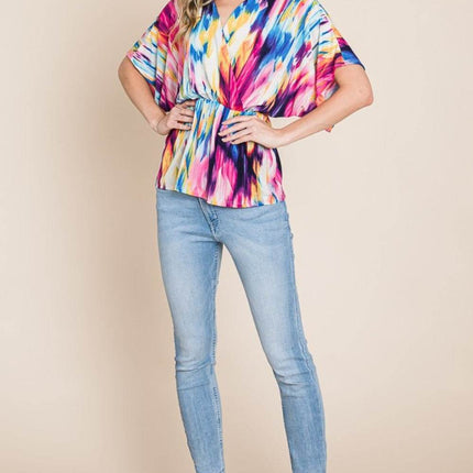 BOMBOM Printed Surplice Peplum Blouse - MimiStylez