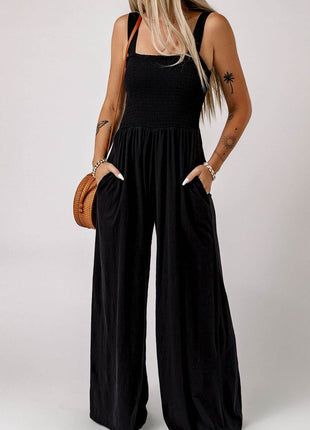 Smocked Square Neck Wide Leg Jumpsuit with Pockets - MimiStylez