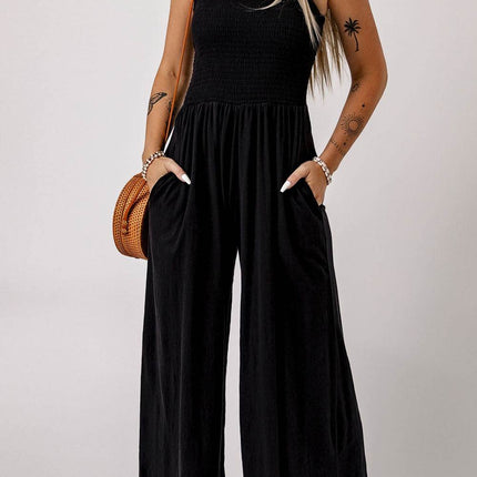 Smocked Square Neck Wide Leg Jumpsuit with Pockets - MimiStylez