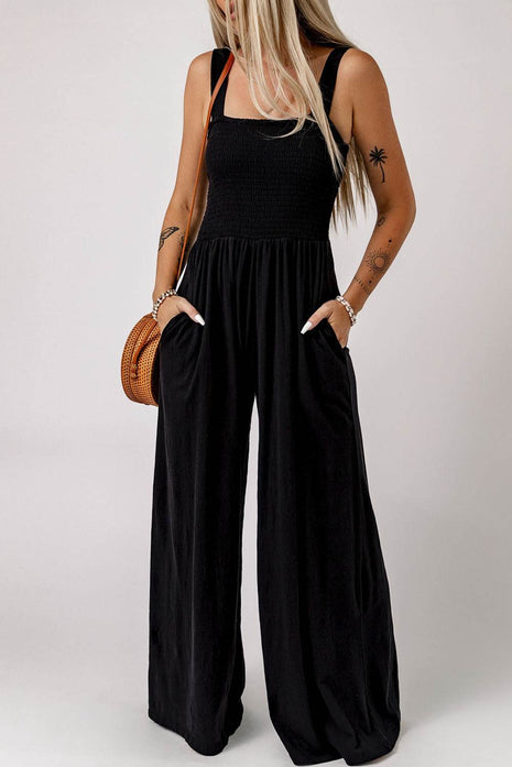 Smocked Square Neck Wide Leg Jumpsuit with Pockets - MimiStylez