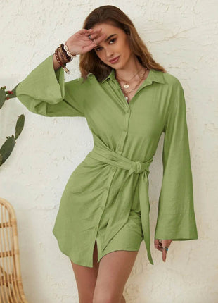 Collared Neck Long Sleeve Mini Shirt Dress - MimiStylez