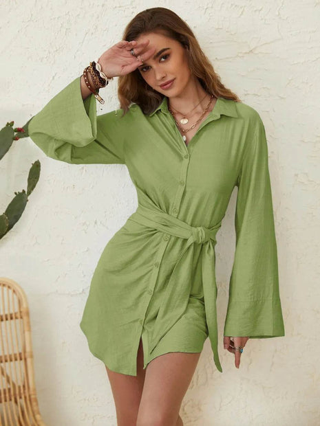 Collared Neck Long Sleeve Mini Shirt Dress - MimiStylez
