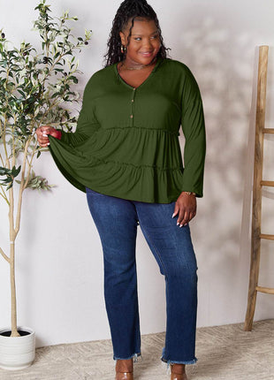 Double Take Half Button Long Sleeve Ruffle Hem Blouse - MimiStylez