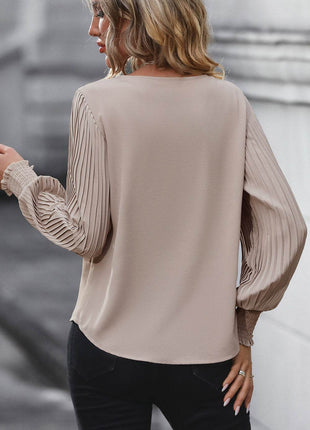 Pleated Lantern Sleeve V-Neck Blouse - MimiStylez