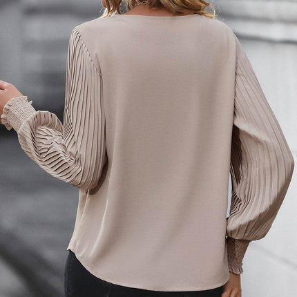 Pleated Lantern Sleeve V-Neck Blouse - MimiStylez