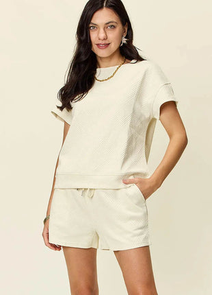 Double Take Full Size Texture Short Sleeve T-Shirt and Drawstring Shorts Set - MimiStylez