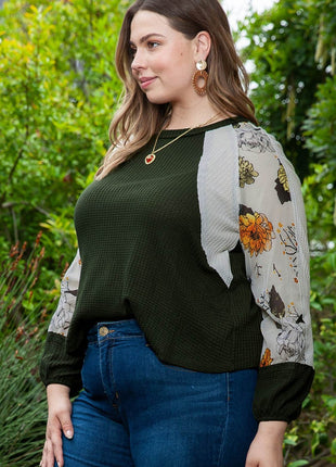 Plus Size Floral Waffle-Knit Round Neck Blouse - MimiStylez
