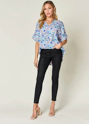 Double Take Full Size Printed V-Neck Short Sleeve Blouse - MimiStylez