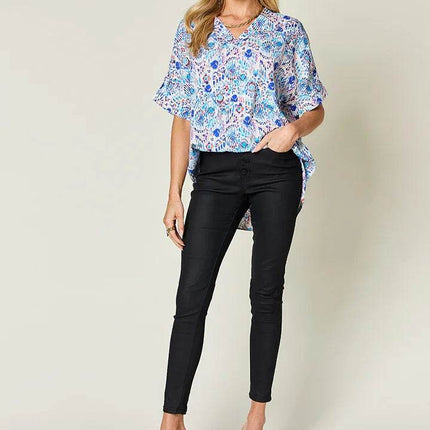 Double Take Full Size Printed V-Neck Short Sleeve Blouse - MimiStylez