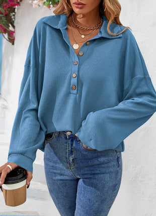 Half Button Collared Neck Long Sleeve Top - MimiStylez