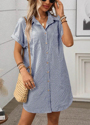 Striped Button Down Short Sleeve Mini Dress - MimiStylez