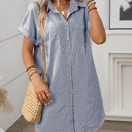 Striped Button Down Short Sleeve Mini Dress - MimiStylez