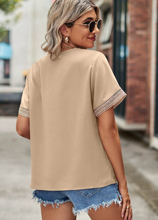 Openwork V-Neck Short Sleeve T-Shirt - MimiStylez