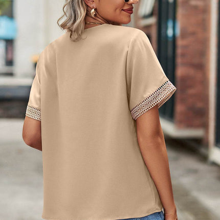 Openwork V-Neck Short Sleeve T-Shirt - MimiStylez