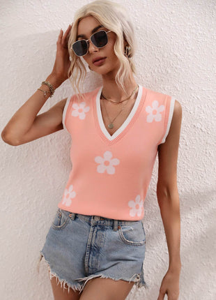 Floral Contrast Ribbed Trim Sweater Vest - MimiStylez