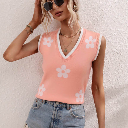 Floral Contrast Ribbed Trim Sweater Vest - MimiStylez
