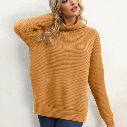 Slit Turtleneck Dropped Shoulder Sweater - MimiStylez