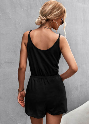 Spaghetti Strap V-Neck Pocket Romper - MimiStylez