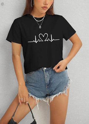 Heart Round Neck Short Sleeve T-Shirt - MimiStylez