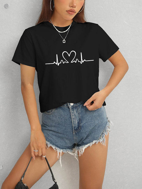 Heart Round Neck Short Sleeve T-Shirt - MimiStylez