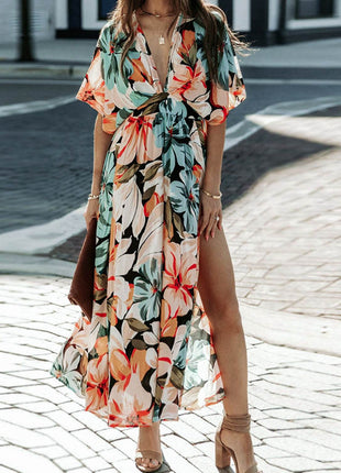 Floral Plunge Half Sleeve Dress - MimiStylez
