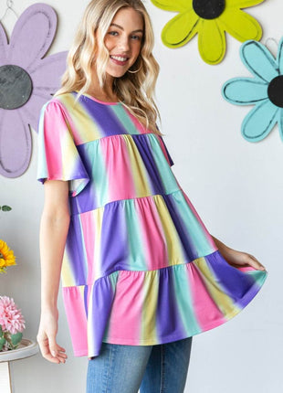 Heimish Full Size Short Sleeve Striped Tiered Top - MimiStylez