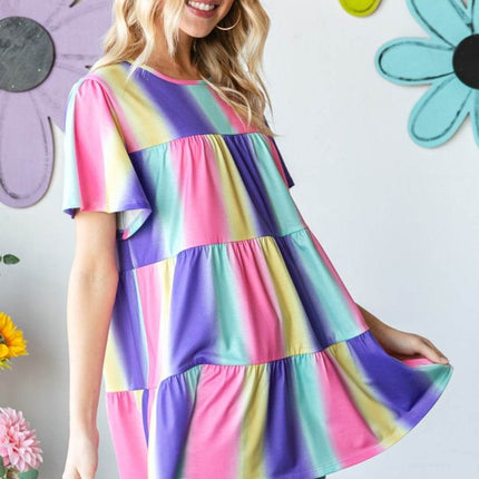 Heimish Full Size Short Sleeve Striped Tiered Top - MimiStylez