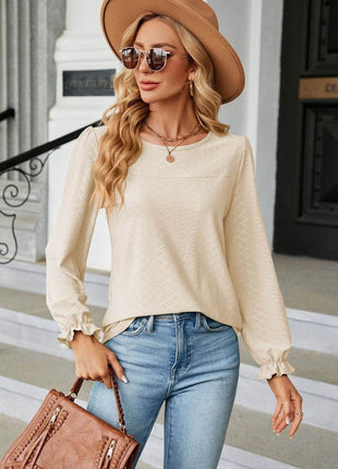 Round Neck Flounce Sleeve Blouse - MimiStylez