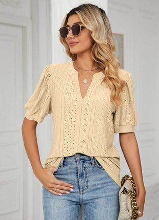Eyelet Short Puff Sleeve Notched Neck Top - MimiStylez