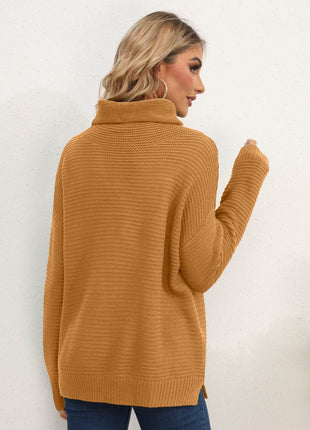 Slit Turtleneck Dropped Shoulder Sweater - MimiStylez