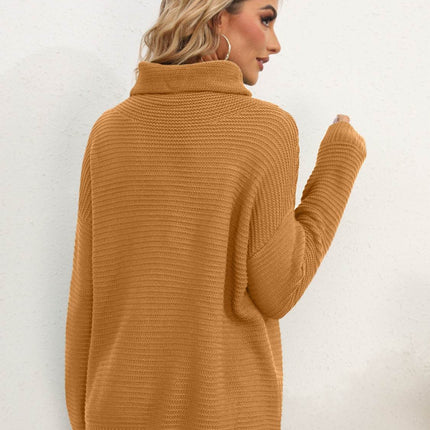 Slit Turtleneck Dropped Shoulder Sweater - MimiStylez