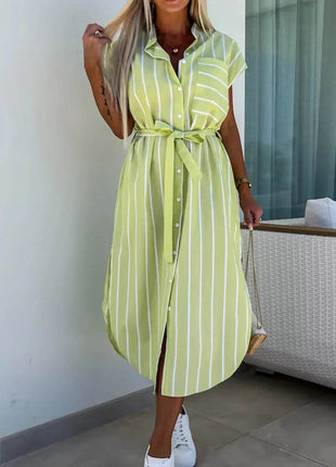 Striped Tie Waist Short Sleeve Dress - MimiStylez