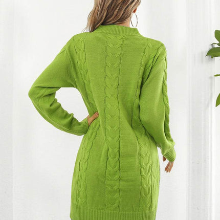 Cable-Knit Round Neck Sweater Dress - MimiStylez