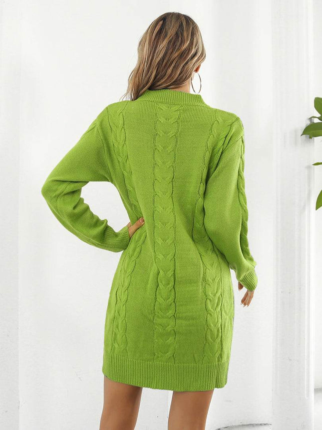 Cable-Knit Round Neck Sweater Dress - MimiStylez