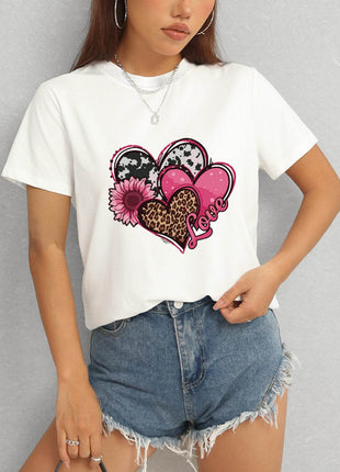 Heart Round Neck Short Sleeve T-Shirt - MimiStylez