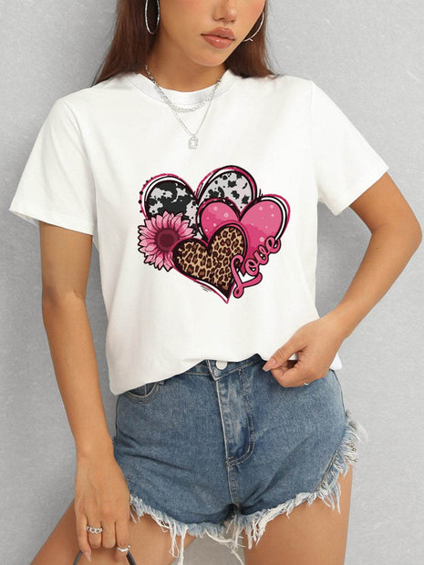 Heart Round Neck Short Sleeve T-Shirt - MimiStylez