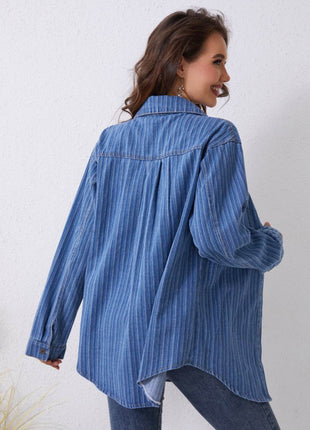 Pocketed Striped Button Up Denim Shirt - MimiStylez