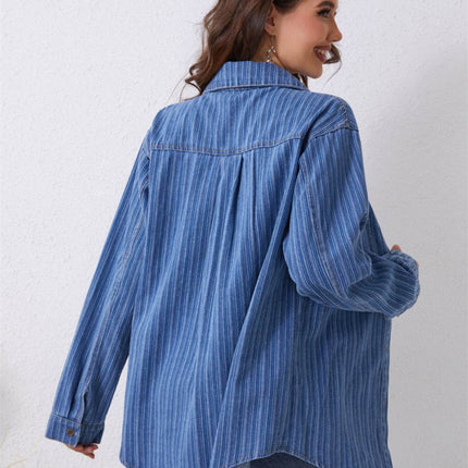 Pocketed Striped Button Up Denim Shirt - MimiStylez
