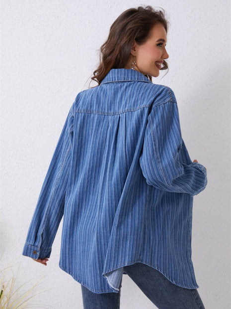 Pocketed Striped Button Up Denim Shirt - MimiStylez