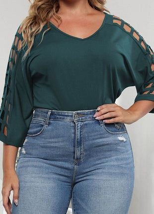 Plus Size Cutout Three-Quarter Sleeve Blouse - MimiStylez