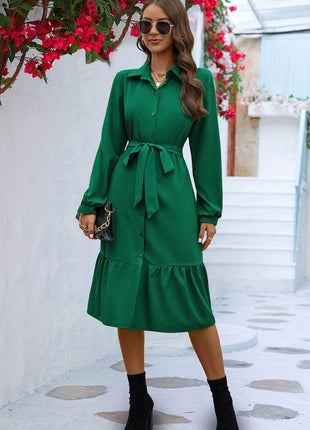 Long Sleeve Tie Waist Shirt Dress - MimiStylez