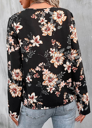 Printed V-Neck Long Sleeve Blouse - MimiStylez